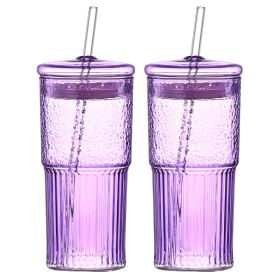 20 Oz 2-pack Purple Glass Straw Cup With Vertical Pattern Cup And Lid, High Borosilicate Heat-resistant Glass Cup For Juice, Milk And Cold Drinks (Option: Purple) 20 Oz 2-pack Purple Glass Straw Cup With Vertical Pattern Cup And Lid, High Borosilicate Heat-resistant Glass Cup For Juice, Milk And Cold Drinks (Option: Purple)